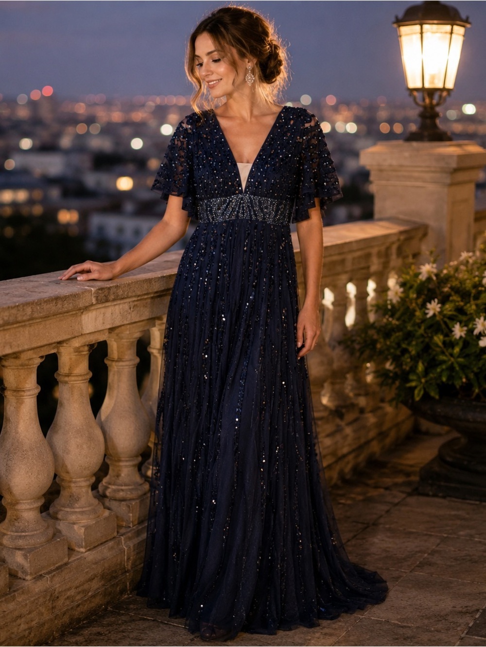 Mac Duggal Style #73784 Navy Sequin Flutter Sleeve Gown NWT